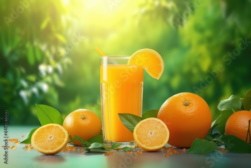 Fresh Orange Juice on Aesthetic Scenery Nature Background, Fruit Juicy Rich in Vitamin