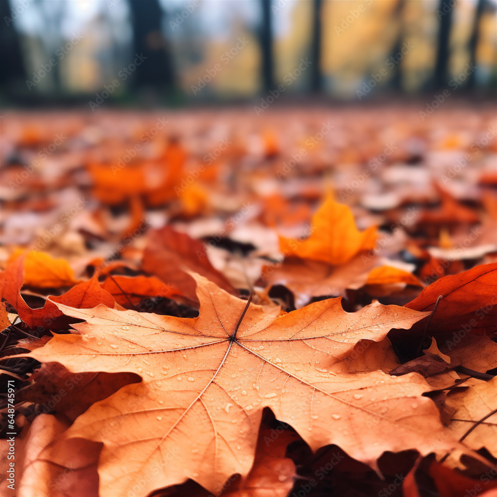 Close Up of Orange Fall Leaves on the Ground, Blurred Background, Generative AI