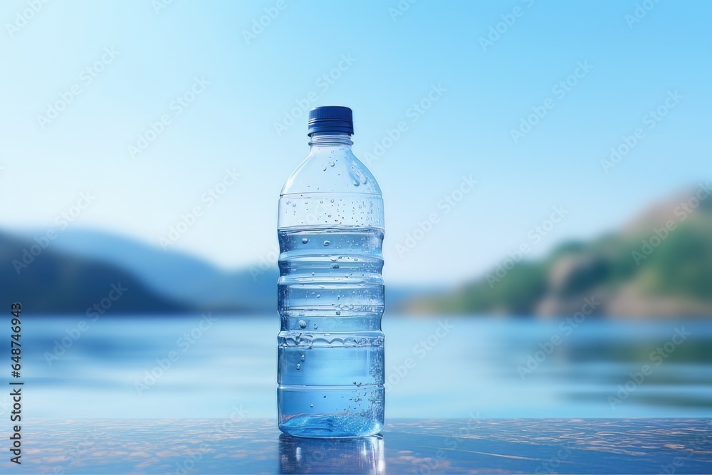 Water Bottle on Aesthetic Scenery, Pure Mineral Water Advertising. Healthy Drink Natural Water Water Bottle on Aesthetic Scenery, Pure Mineral Water Advertising. Healthy Drink Natural Water