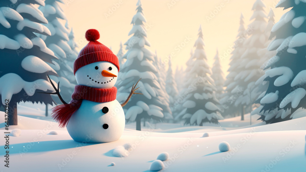 Obraz premium Joyful Snowman Poses Amidst Snow-Covered Spruce Trees in a Winter Wonderlandd image
