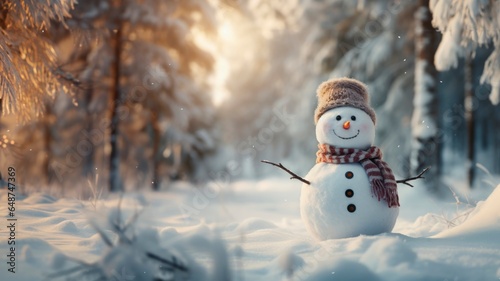 Merry Snowman Surrounded by Snowfall Ready for Christmas