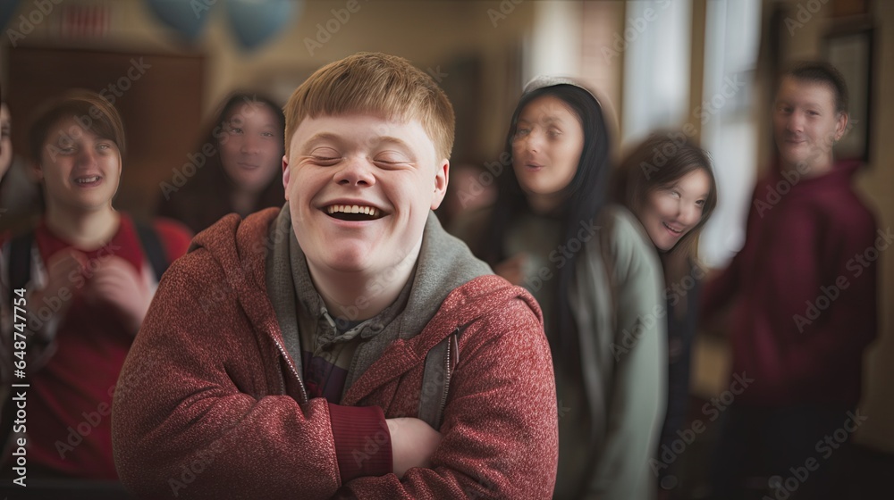 Happy young man with Down syndrome and his mentor friend celebrate success