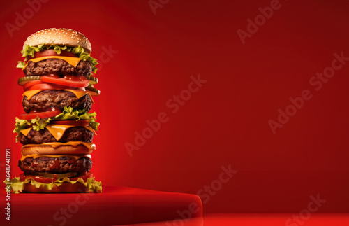 A very tall hamburger, on a red background