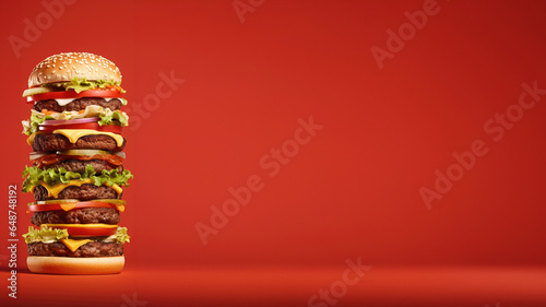 A very tall hamburger, on a red background © Guga