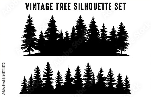 Pine Tree Forest Silhouette Vector, Vintage forest trees Silhouettes black Clipart