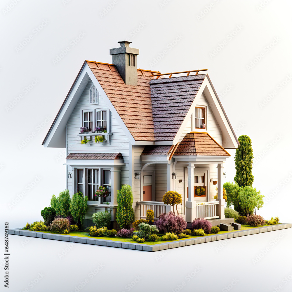 3D Rendered Two-Story House with Garden,house,house on a white background