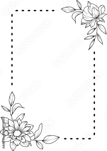 Flower Frame. Hand drawn Botanical vector illustration. Black and white wreath.