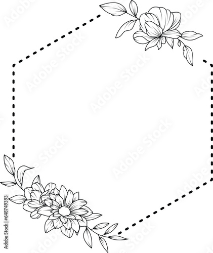 Flower Frame. Hand drawn Botanical vector illustration. Black and white wreath.