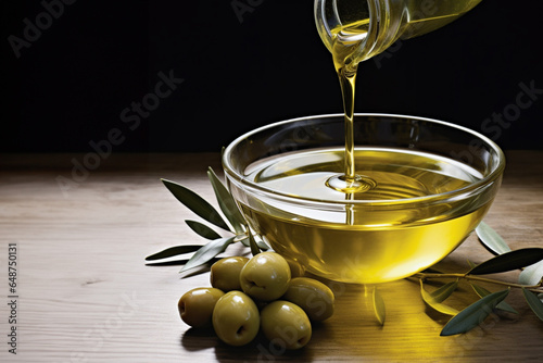 olive oil on a bowl with olive at a side, close up view