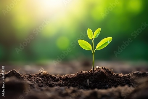 Plant seedling growing on fertile soil with sunlight, concept seedling nature background, beautiful green color