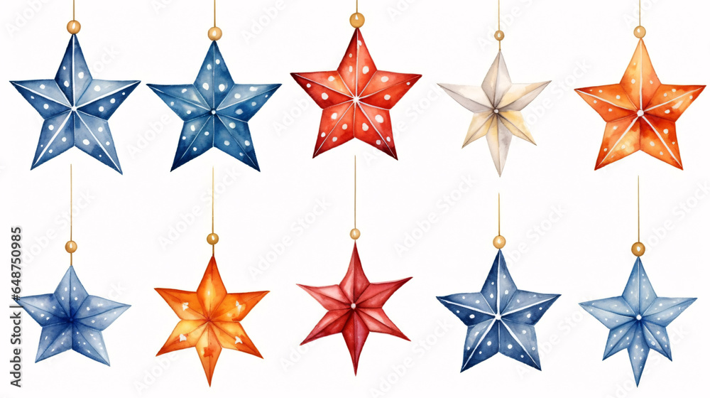 Fototapeta premium Watercolor Christmas stars. Christmas decorations, decorative elements. Hand drawn watercolor illustration set/