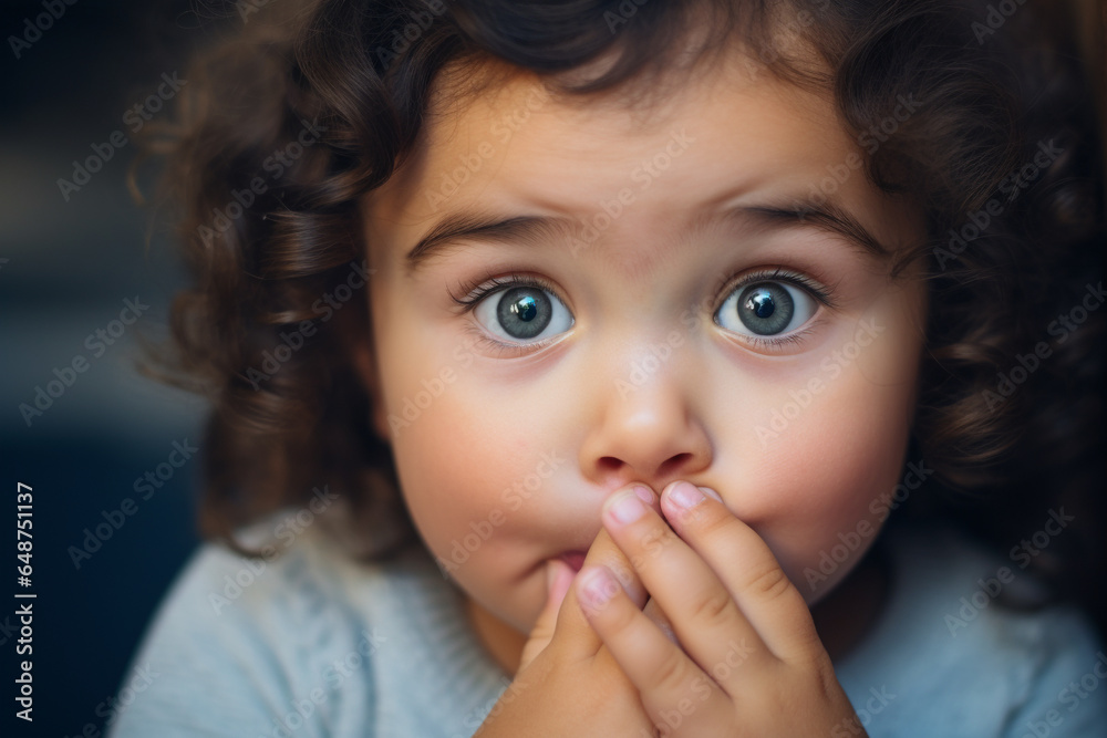 little girl playfully sticks out her tongue and touches it with her