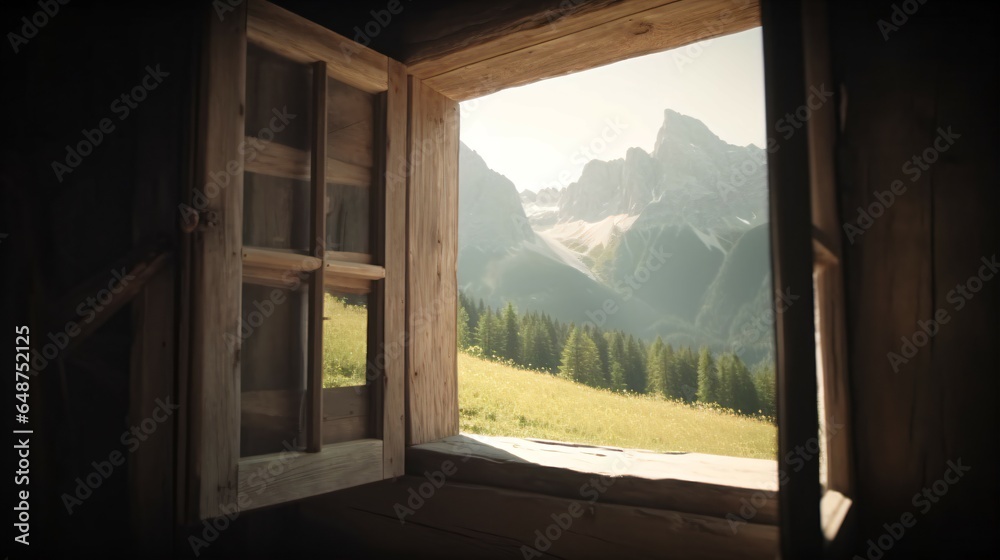 Rustic Window with Mountain Majesty. Rustic Window with Mountain Majesty.