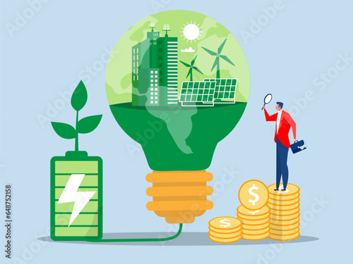 Business invest with ESG or ecology problem concept, Ecology city with and clean energy solar panels and windmills on Light bulb on green background. Green energy technology. Flat vector illustration.