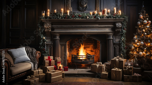Festive and Cozy Christmas: A beautifully decorated living room with a roaring fireplace, adorned with twinkling lights and stockings hung by the chimney © ckybe