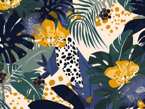Modern exotic jungle plants illustration pattern with leopard print. Creative collage contemporary floral seamless pattern. Fashionable template for, Generative AI 