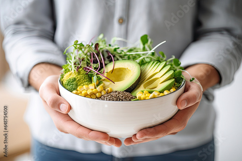 Close-up of a man holding a bowl with healthy vegetarian food