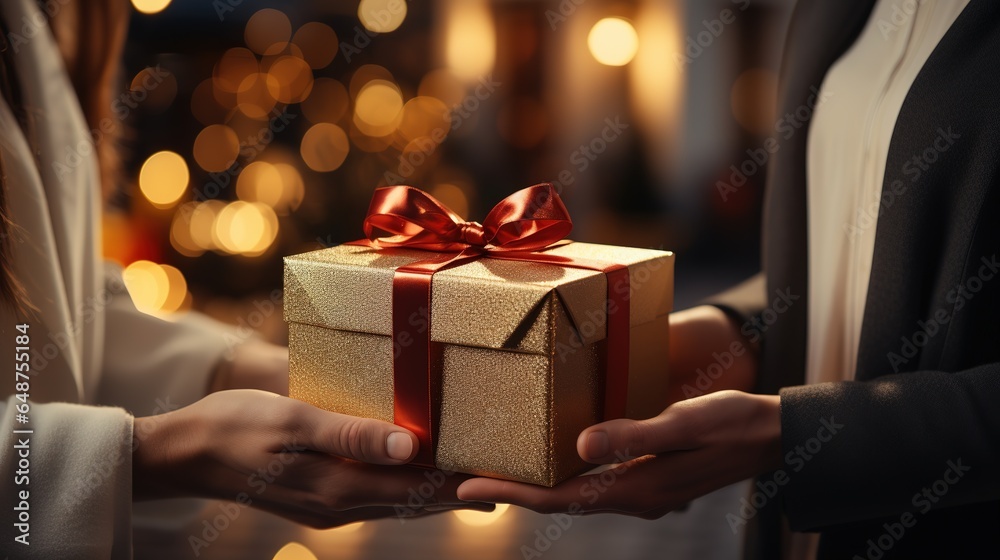 Hands holding Christmas gift box with elegant red bow Hands holding Christmas gift box with elegant red bow