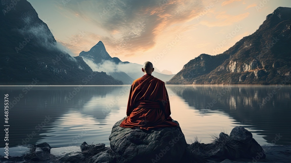 monks in meditation Tibetan monk from behind sitting on a rock near the water among misty mountains