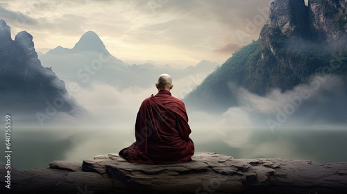 monks in meditation Tibetan monk from behind sitting on a rock near the water among misty mountains © somchai20162516