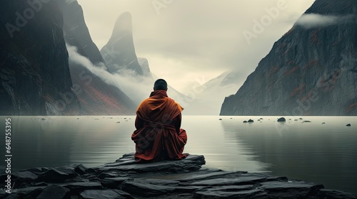 monks in meditation Tibetan monk from behind sitting on a rock near the water among misty mountains