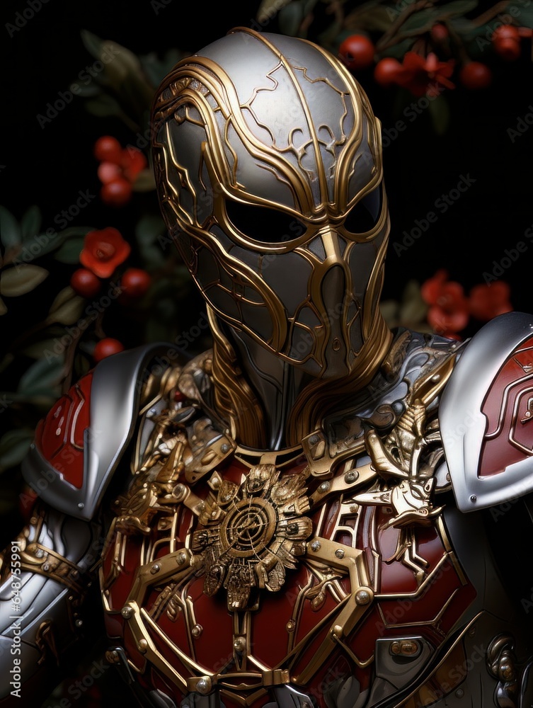Superhero man in white mask with golden patterns in the form of web. AI Superhero man in white mask with golden patterns in the form of web. AI