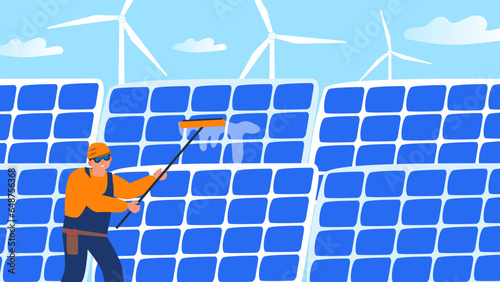 worker washing and cleaning solar panels outdoor vector illustration