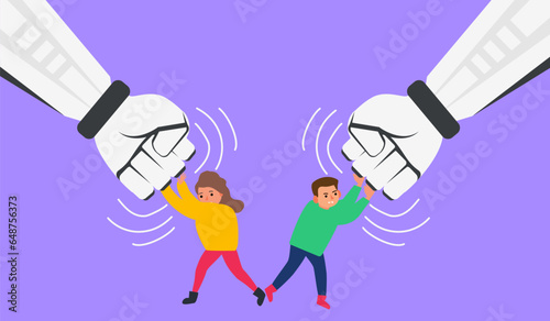 little kids between two pushing robotic fists confrontation fighting against robots  vector illustration