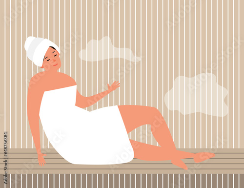 sitting woman wrapped in towel relaxing and sweating in hot sauna vector illustration 