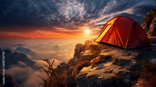 夕焼けの中、雲海が見える崖の上にあるオレンジのテント