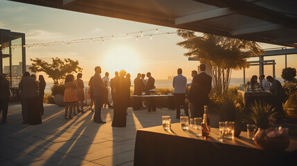 Group of business people at outdoor networking event, people with drinks in their hands talk to each other about business at a networking event