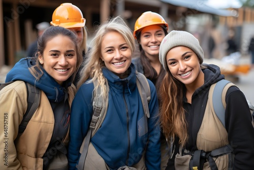 Smiling portrait of a diverse happy female group of women working construction on a construction site.  genarative ai © Artwork Vector