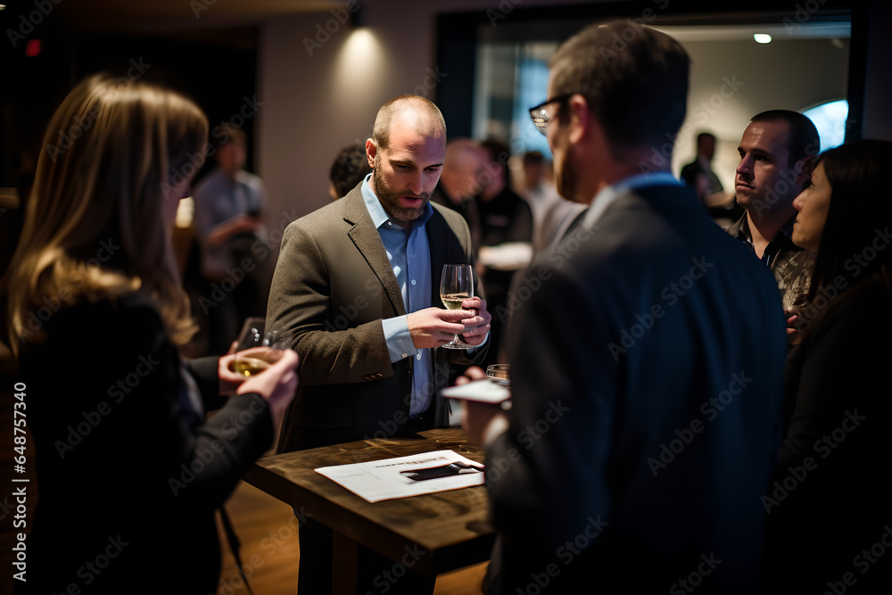 Group of businesspeople networking at a conference, interacting and making contacts at business event session.