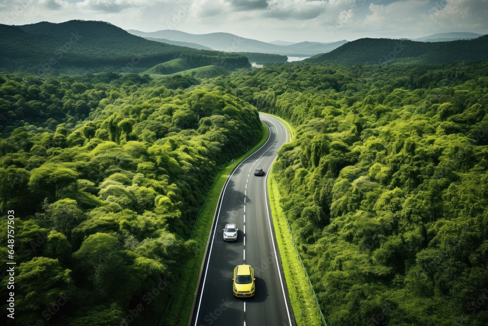 Aerial photography. Green forest and asphalt road. Top view. Forest road through the forest. Ready for a car adventure ecological environment healthy environment road trip