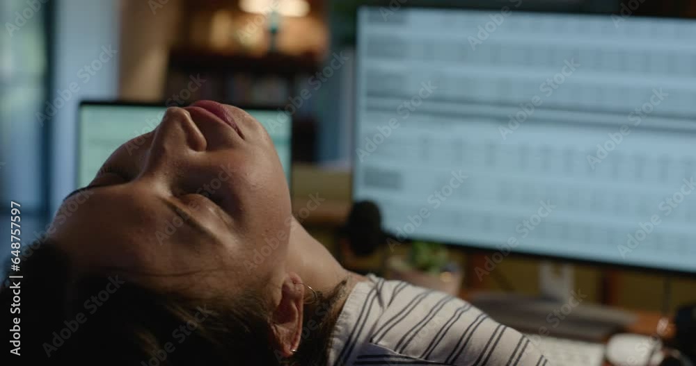 Tired, computer and business woman at night with networking problem, mistake and 404 error. Administration, burnout and exhausted female worker for planning, schedule and data analysis on screen