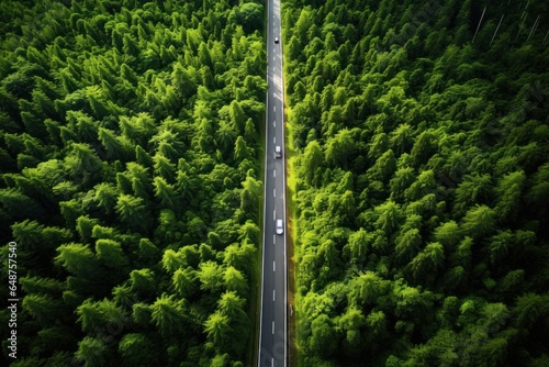 Aerial photography. Green forest and asphalt road. Top view. Forest road through the forest. Ready for a car adventure ecological environment healthy environment road trip