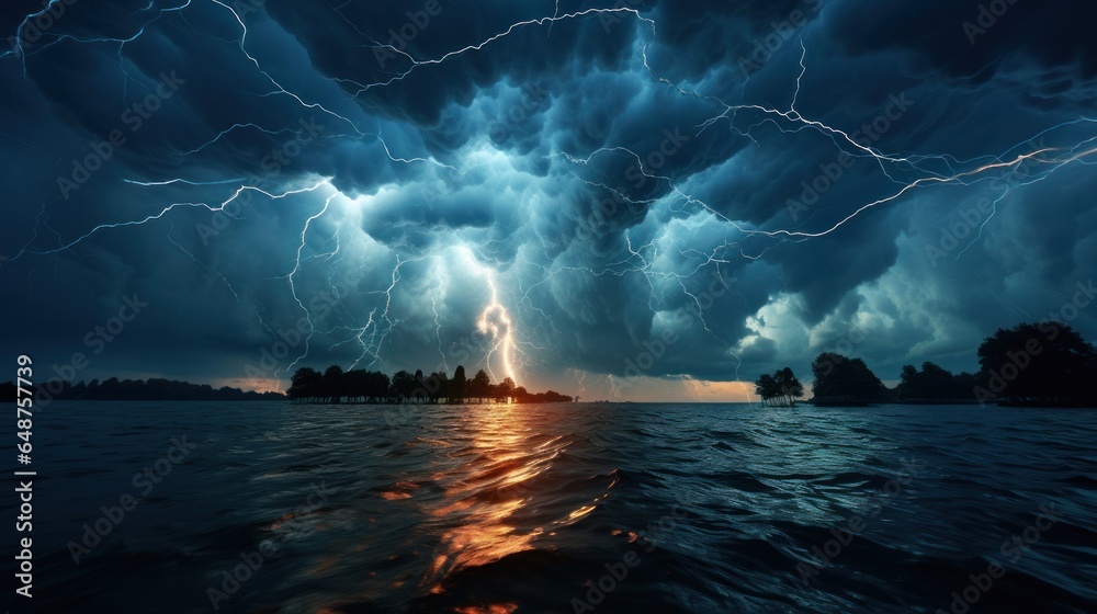 Lightening large bolts over a lake at night dark skies