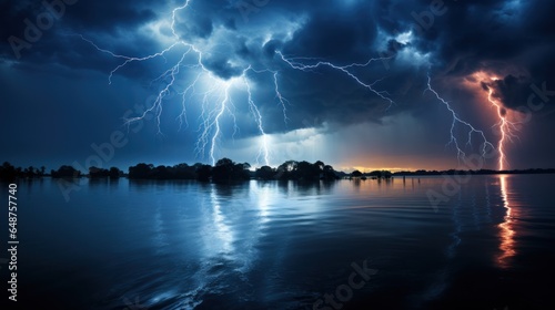 Lightening large bolts over a lake at night dark skies
