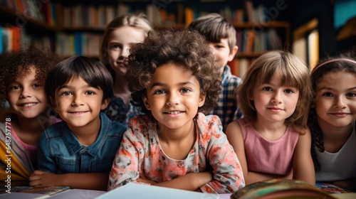 Children, books, and hanging out in the park with friends. Learning or diversity in reading at the school playground. Children, study or education