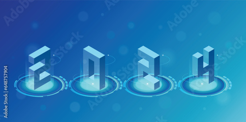 Happy new year 2024 technology solution background. isometric vector.