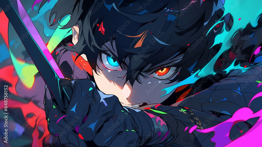 epic fight between anime men, eyes glowing with neon colors carrying swords, psychedelic background - obrazy, fototapety, plakaty 