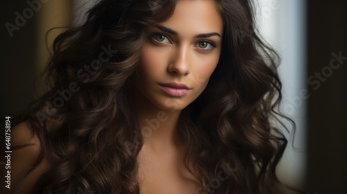 Young woman with beautiful brown hair and long wavy hair
