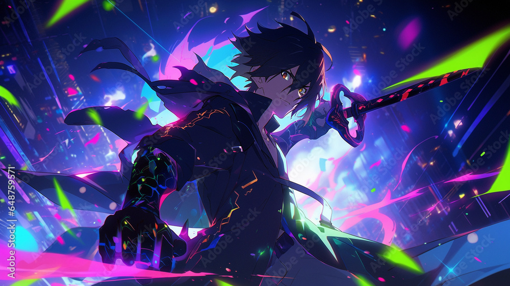 Obraz premium epic fight between anime men, eyes glowing with neon colors carrying swords, psychedelic background