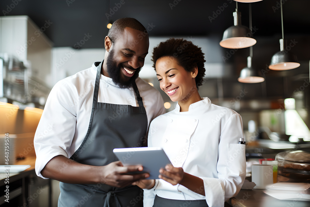 Two waiters working at a restaurant and looking at the menu on a tablet, restaurant worker using a digital tablet while working Two waiters working at a restaurant and looking at the menu on a tablet, restaurant worker using a digital tablet while working