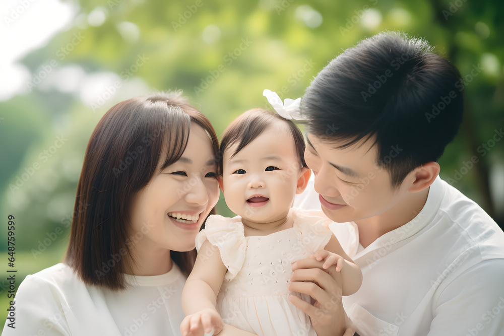 Portrait of cheerful parent with baby girl enjoying a day outside, lovely happy family at park on sunny day Portrait of cheerful parent with baby girl enjoying a day outside, lovely happy family at park on sunny day