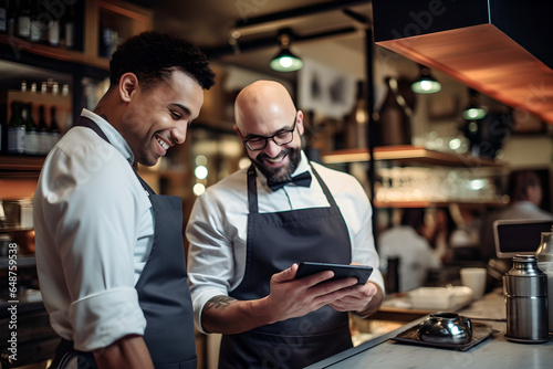 Two waiters working at a restaurant and looking at the menu on a tablet, restaurant worker using a digital tablet while working