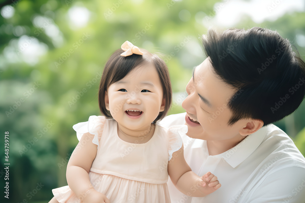Portrait of cheerful father with baby girl enjoying a day outside, lovely happy family at park on sunny day Portrait of cheerful father with baby girl enjoying a day outside, lovely happy family at park on sunny day