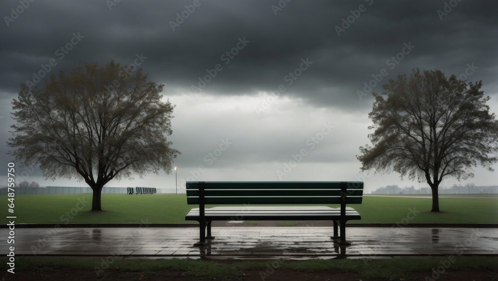 Lonely park bench beneath the melancholic sky, evoking solitude.