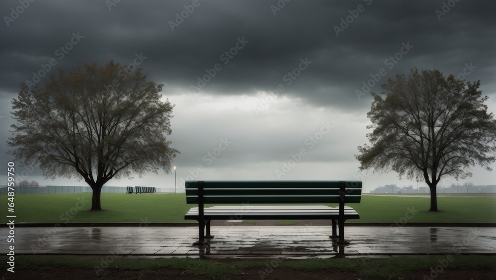 Lonely park bench beneath the melancholic sky, evoking solitude. Lonely park bench beneath the melancholic sky, evoking solitude.