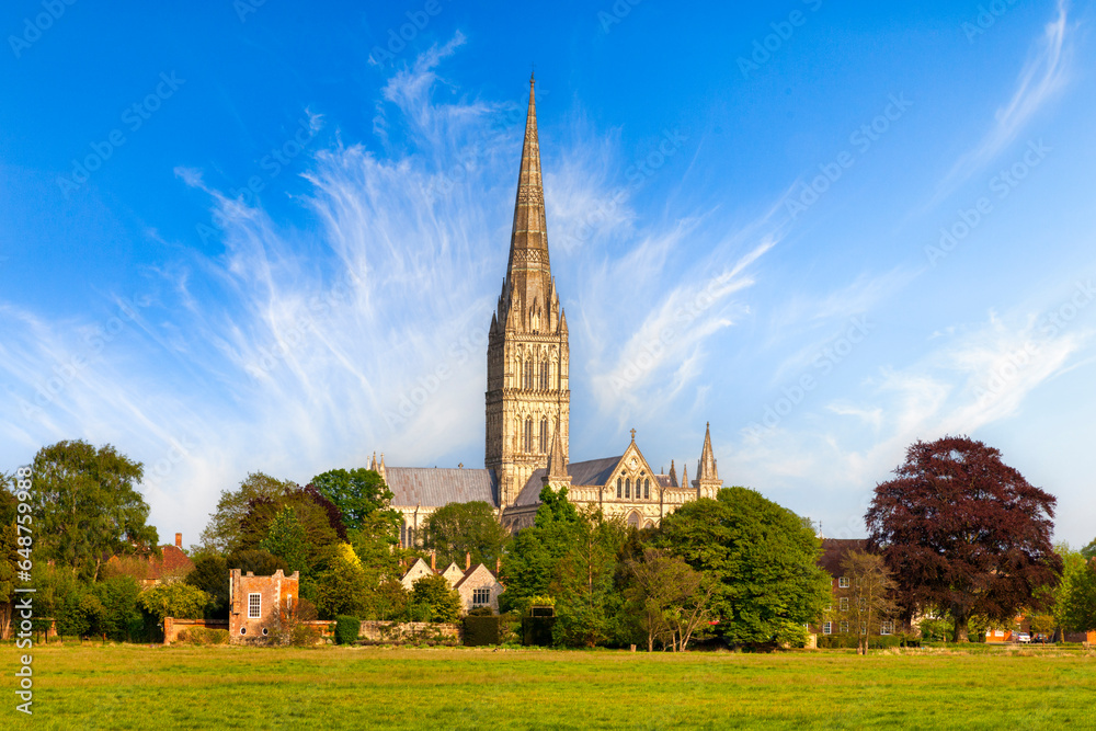 Salisbury Cathedral, believed by many to be the most beautiful building in England, on a fine spring day. It was built between 1310 and 1330, and has the tallest church spire in the UK.